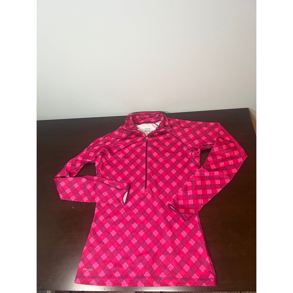 Nike Pro Dri-FIT Womens Pink Plaid 1/4 Zip Long Sleeve Training Top Size Medium